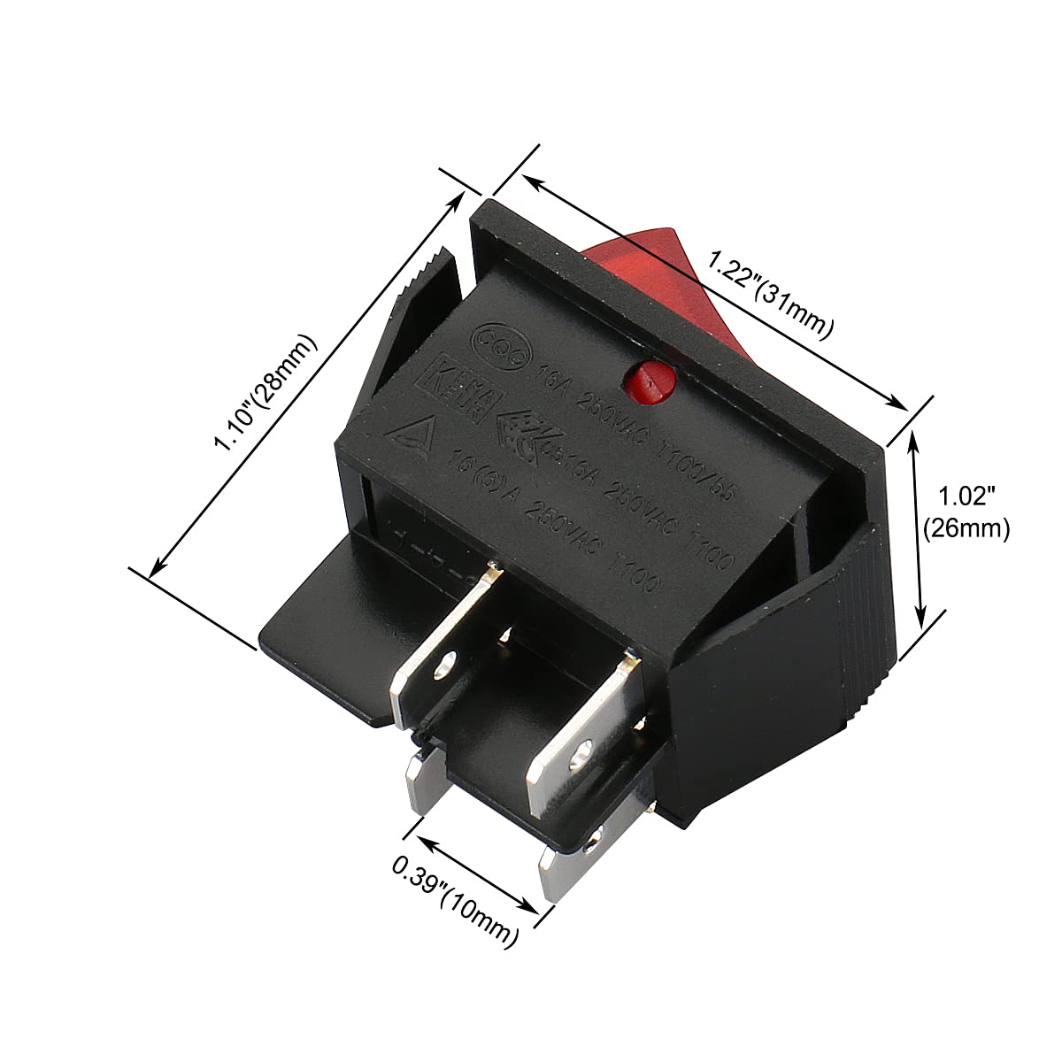 Baomain Red Light DPST ON/Off Snap in Boat Rocker Switch 4 Pin 16A/250V UL TUV List 1 Pack