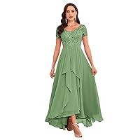 Tea Length Mother of The Bride Dresses for Wedding with Sleeves Lace Short Sleeve Chiffon Formal Evening Gown