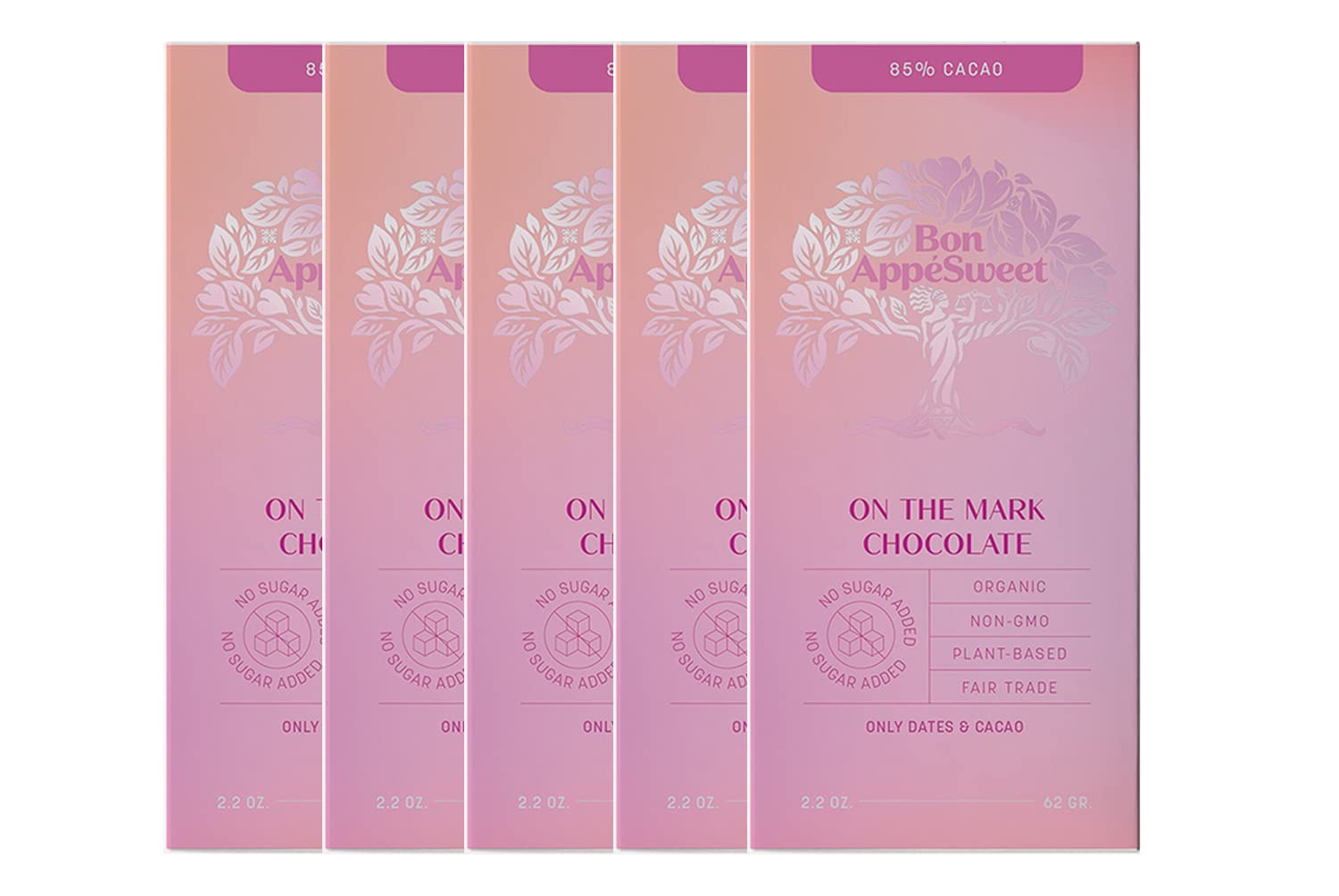 Bon AppéSweet On The Mark Dark Chocolate Bars, 85% Cacao (5 Pack - 2.2oz Bars) No Added Sugar, Naturally Sweetened with Dates - Plant-Based, Organi...