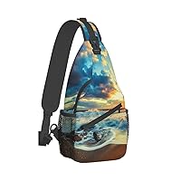 Sunset Beach Print Trendy Casual Daypack Versatile Crossbody Backpack Shoulder Bag Fashionable Chest Bag