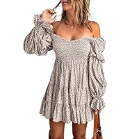 Dokotoo Womens 2024 Summer Spring Elegant Off The Shoulder V Neck Long Sleeve Ruffle Flowy Mini Short Skater Dresses