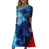 American Flag Dresses for Women V-Neck Short Sleeve Dress Polka Printing Casual Dress with Pockets