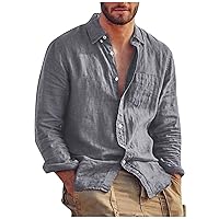 Linen Shirt Men Linen Long Sleeve 2024 Trendy Plus Size T-Shirt Solid Fashion Casual Button Top Blouse Outdoor Shirt Lightweight Tees Gray M