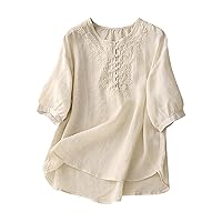 Womens Cotton Linen Embroidered Blouse Short Sleeve Crew Neck Peasant Boho Top Casual Vintage Loose Button-Down T Shirts