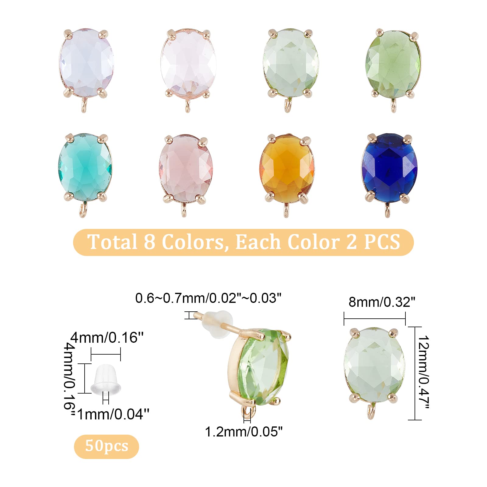 SUPERFINDINGS 16Pcs 8 Colors Brass Stud Earring Findings with Glass Gold CZ Earring Findings Oval Ear Piercing Plugs with Loop for Dangle Earring Jewelry Making,Hole: 1.2mm, Pin: 0.6~0.7mm