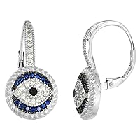 Art Deco Style Sterling Silver Evil Eye Lever Back Earrings with CZ Synthetic Blue Sapphires 7/8 inch