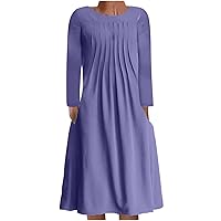 Fall Dresses for Women, Womens Pleated Casual Tunic Dress Long Sleeve Solid Color Flowy Beach Sundress with Pocket
