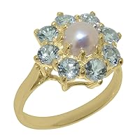 Solid 14k Yellow Gold Cultured Pearl & Aquamarine Womens Cluster Ring - Sizes 4 to 12 Available