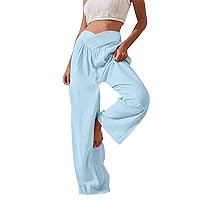 Pleated High Cut Flared Wide Leg Work Out Athletic for Ladies Summer Fall Loose Fit Pants Women 2024