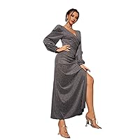 Women's Dress Surplice Neck Bishop Sleeve Split Thigh Glitter Dress Summer Dress (Color : Silver, Size : Large)