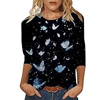 Womens T Shirts Loose Fit Graphic Trendy Summer Women's Round Neck Seven Point Sleeve T Shirt Butterfly Print