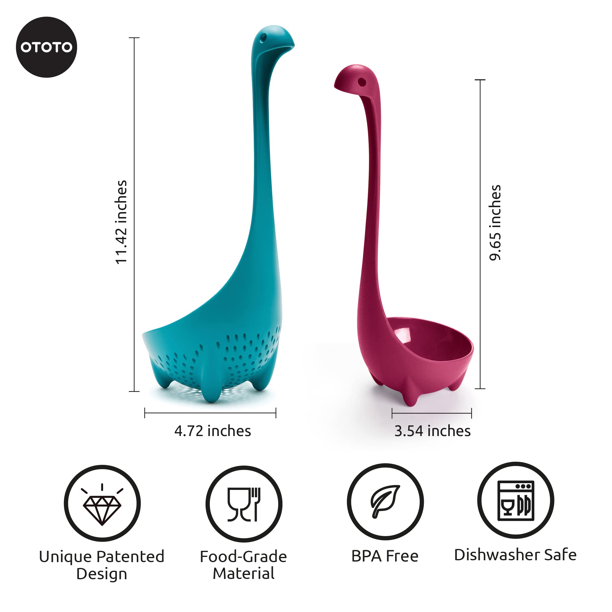 OTOTO Purple Nessie Ladle & Turquoise Mama Nessie Colander Value Pack - Special Edition Soup Ladle & Colander Set - Ladles for Cooking - Kitchen Colander for Pasta - Dishwasher Safe & BPA free Ladle