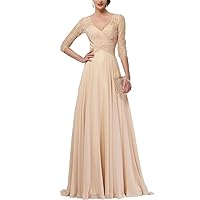A Line Floor Length Long Sleeve Lace Champagne Mother of The Bride Dress