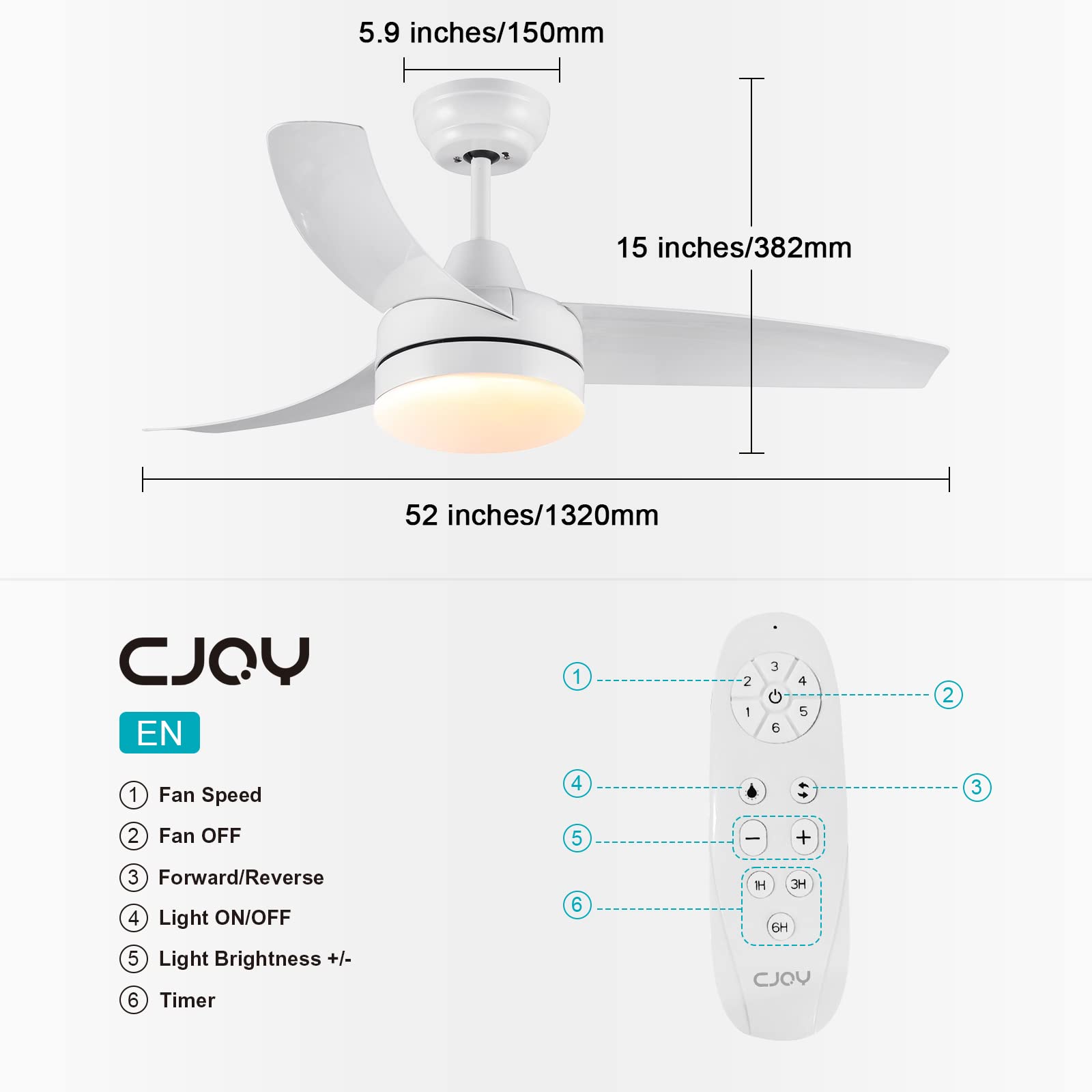 CJOY Deckenventilator mit Beleuchtung, Deckenventilator Leise, Ø107 cm Deckenventilator Weiß mit Fernbedienung, Deckenventilator mit Licht Dimmbar, DC Motor 6 Geschwindigkeiten, Winter-Summer-Modus