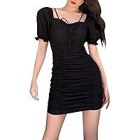 Women's Summer Dresses 2024 French Light Mature Style Puff Sleeve Pleated Drawstring Slimming Dress, S-2XL