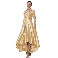 High Low Mother of The Bride Dresses Satin Lace Appliques Long Bodycon Formal Evening Dress with Pockets PA441