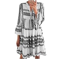 Women 3/4 Bell Sleeve Button V Neck Babydoll Dresses Summer Trendy Print Stand Collar Ruffle Hem Casual Loose Dress