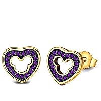 Lovely Heart Mickey Mouse 14K Black & Yellow Gold Over 925 Sterling Sliver With Fashion Round Cut Amethyst Cubic Zirconia Stud Earring For Teen Girls and Women's Valentine's Day Gift,Birthday Gifts