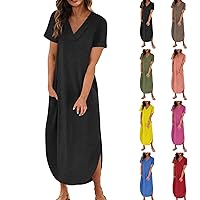 Women's Casual Dresses Short Sleeve V-Neck Dress with Pockets Maxi Sundresses Casual Loose Fit Side Split Long Dress