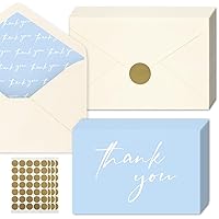 AZAZA 100 Baby Blue Thank You Cards ｗith Envelopes 4x6, Blank Thank You Cards 4 Minimalistic Designs, Baby Shower Thank You Cards with Envelopes, Blue Thank You Note and Gold Stickers for Wedding