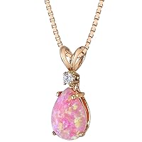 PEORA 14K Rose Gold Created Pink Opal with Genuine Diamond Pendant, Elegant Teardrop Solitaire, Pear Shape, 10x7mm, 1 Carat total