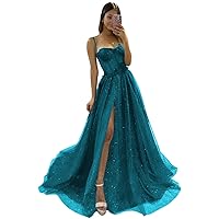 CWOAPO Glitter Tulle Prom Dress Long Spaghetti Straps Dress 3D Flowers Lace Appliques Evening Dress with Slit