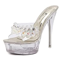 Womens Fashion Rhinestones Platform Heeled Sandals Crystal Clear Stiletto Slide On Heeled Mule Shoes Open Toe Slingback High Heels Shoes for Dress Wedding Party