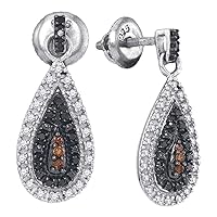 Sterling Silver Womens Round Black Color Enhanced Diamond Teardrop Dangle Earrings 1/3 Cttw