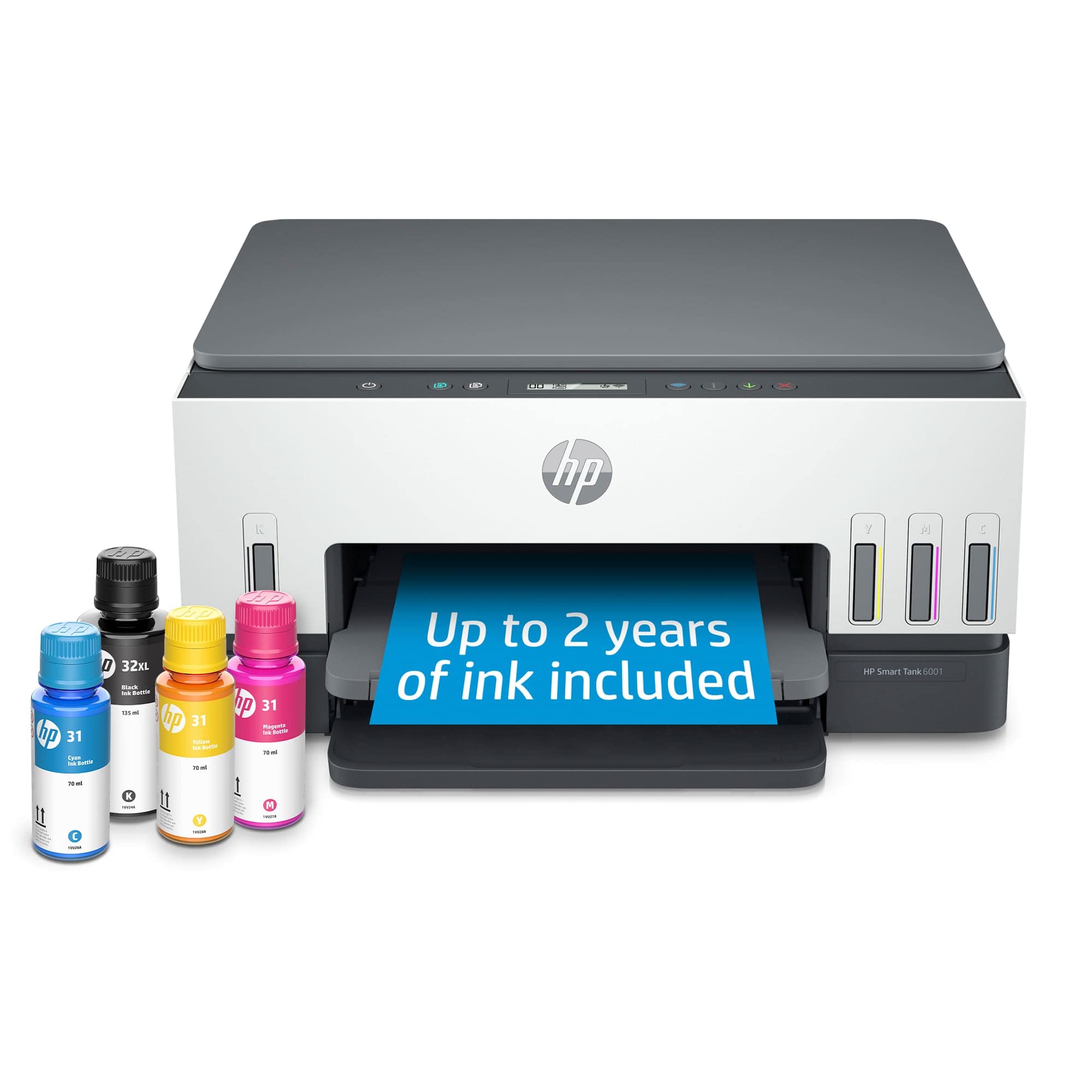 HP Smart -Tank 6001 Wireless All-in-One Cartridge-free Ink Printer, up to 2 years of ink included, mobile print, scan, copy (2H0B9A), Grey, White