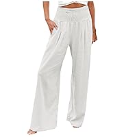 Women's Cotton Linen Loose Fit Palazzo Pants Casual High Waist Stretchy Wide-Leg Trousers with Pockets