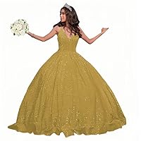 Sparkly Sequin Quincenera Dresses Glitter V Neck Ball Gown Sleeveless Puffy Dress Sweet 16 Dresses for Women