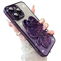 for iPhone 15 Pro Case Cute Rabbit Mirror Stand,iPhone 15 Pro Phone Case Bling Glitter Girly Soft TPU,Luxury Plating Sparkle Gradient Case for iPhone 15 Pro for Women Girls Purple