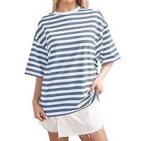 Women Oversized Striped Color Block Short Sleeve Crew Neck T-Shirts Casual Loose Pullover Top Summer Shirt for Women