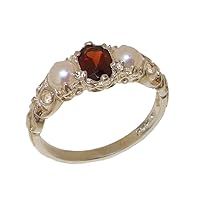 925 Sterling Silver Real Genuine Garnet & Cultured Pearl Womens Band Ring