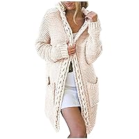 Women's 2023 Long Sleeve Chunky Knit Hooded Cardigan Open Front Cozy Sweater Coat Fashion Jumpers Pockets Outerwear