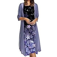 Womens Casual Two-Piece Set Floral Print Midi Dress with Chiffon Cardigan Plus Size Flowy Loose Wedding Guest Dresses