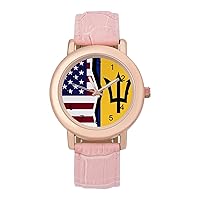 American and Barbados Flag Elegant Women's Watch Strap Wristwatch Band Adjustable Easy Reader Casual Business Gift