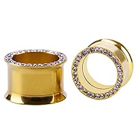 WBRWP 2pcs Hollow Gold Stainless Steel with Zircon Ear Plugs Tunnels - Ear Expander - Ear Gauges Stretcher Body Piercing Jewelry 8g-5/8