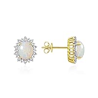 14K Yellow Gold Princess Diana Inspired Earrings - Oval Shape Gemstone & Diamonds - 8X6MM Birthstone Earrings - Timeless Color Stone Jewelry