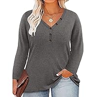 RITERA Plus Size Women Tops Casual Fall Henley Tunic Top V Neck Long Sleeve Button Up Solid Loose Fit Shirt Blouses Grey 3XL