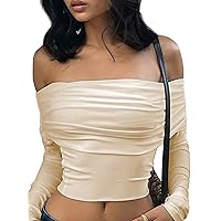 Women's Off Shoulder Long Sleeve Crop Top Y2K Cami Top Vintage Tank Tops Going Out Tee