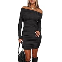 Darong Women's Sexy Off Shoulder Ruched Long Sleeve Bodycon Dress Slim Fit Club Party Mini Short Dresses