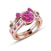 1.5ct Pink Sapphire & CZ Diamond 2pcs 14K Rose Gold Finish Classic Look Mickey Mouse Engagement Ring Bridal Set For Jewelry
