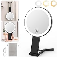 Makeup Mirror with Lights, 2-Sided Vanity Mirror with 1X/10X Magnification Rechargeable 3 in 1 Hand Held Desk and Hanging Lighted Mirror 3 Colors Lighting Stepless Dimming for Home