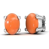 Peach Moonstone Oval Shape Stud Earrings in 925 Sterling Silver for Women and Girls