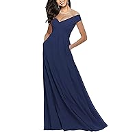 Off The Shoulder Bridesmaid Dresses Long Chiffon Prom Formal Gown with Pockets
