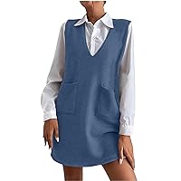 Women's Sleeveless Woolen Suspenders Dresses Spring Fall Casual V Neck Solid Pullover Tunic Dress with Pockets