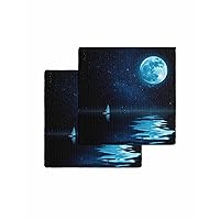 Moon Night Kitchen Towels Set of 2, Waffle Microfiber Towels Cleaning, Summer Navy Blue Sky Sailboat Ripple Absorbent Dish Towels Cloths Decorative Hand Towels for Bathroom 12x12 Inch