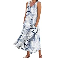 Linen Dress,Casual Summer Maxi Dress for Women U Neck Flowy Party Dress Sleeveless Printed Long Pocketed Dress