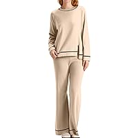 Women's Lounge Sets 2 Piece Outfits Piece Clothing Long Sleeve Knit Sweater Top Wide Leg Pants Casual Suit, S-2XL